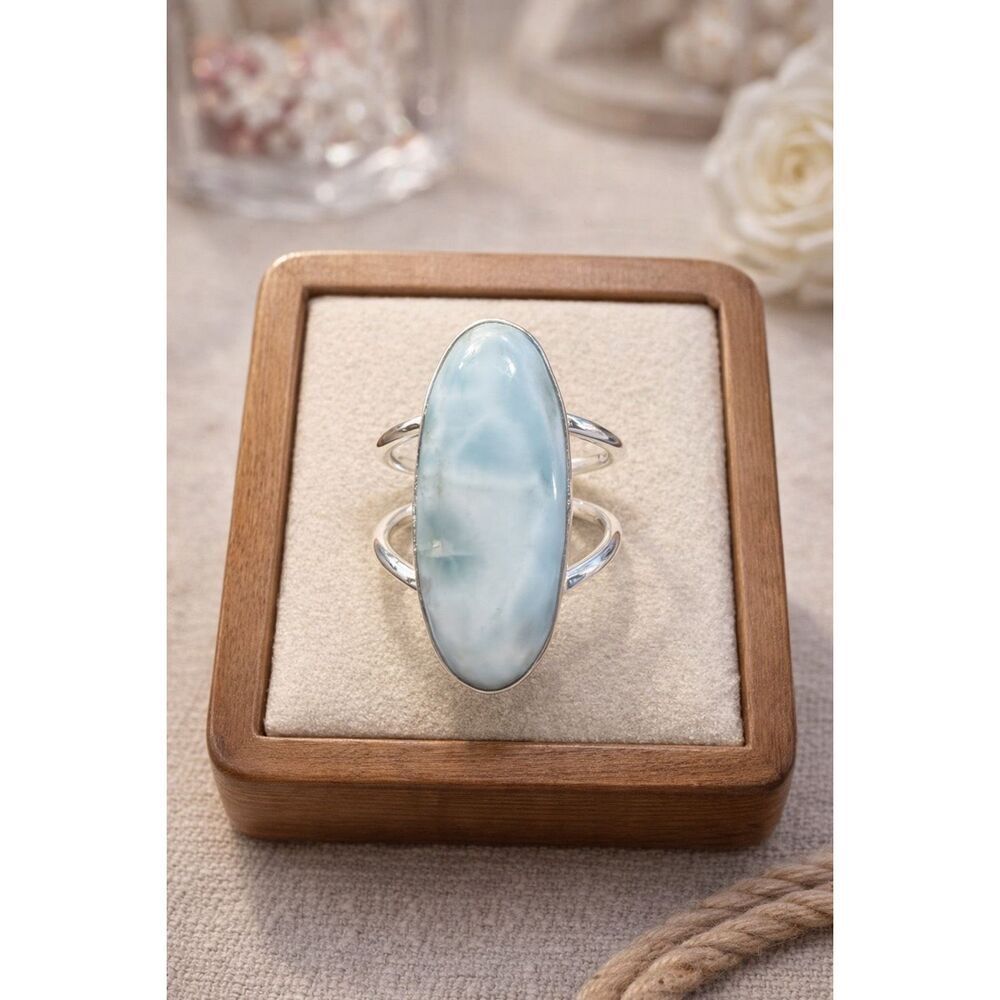 Handcrafted Natural Oval Larimar Ring Silver Split Shank Jewelry Boho Size 7 - Picture 5 of 5